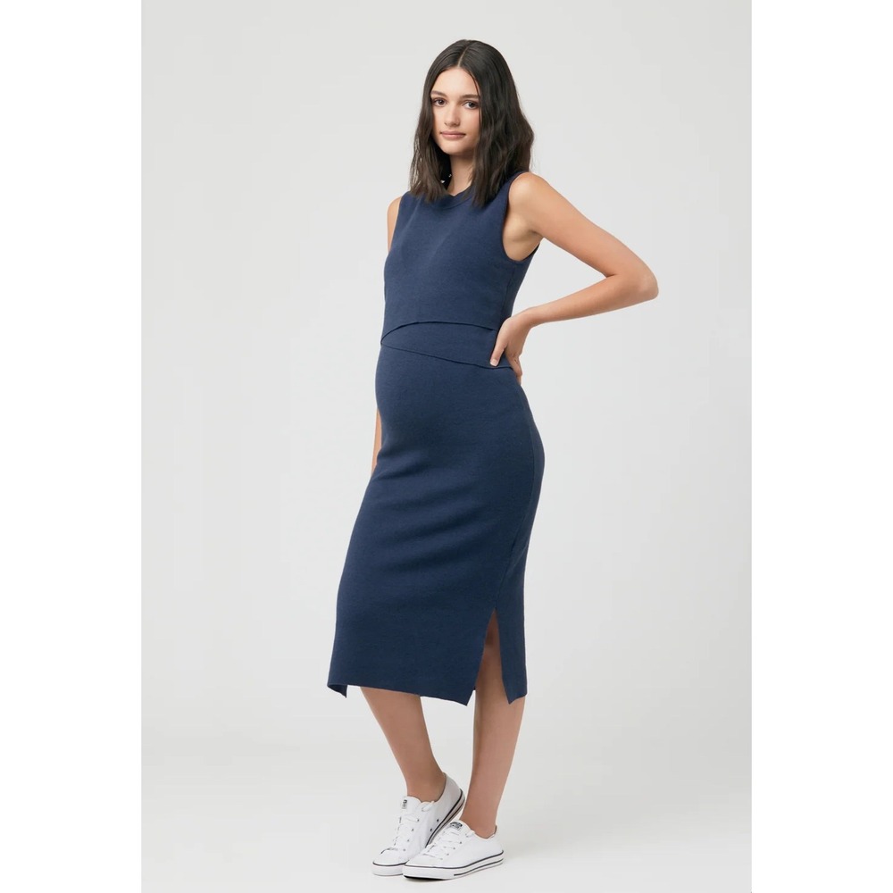 Ripe Maternity Navy Blue Knit Sleeveless Nursing Midi Dress Mock Neck Size M